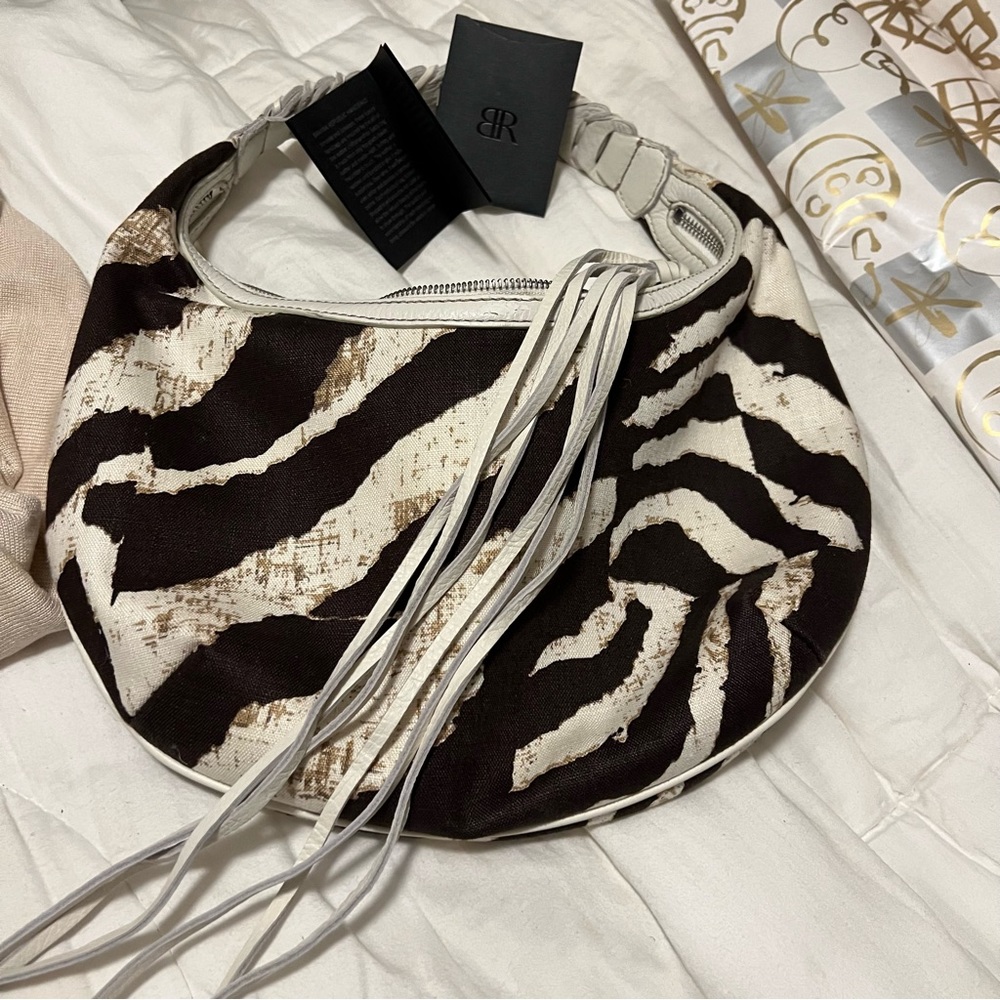 Ladies Casual Handbag Cream & Brown w/ Zebra Print on Canvas w/ leather zip pull
